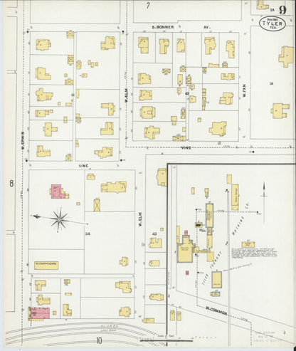 Sanborn Fire Insurance Map from Tyler, Smith County, Texas (1902), Sheet #0009 - Complete Map Set gallery image, historic Sanborn map, vintage wall art, Texas Texas