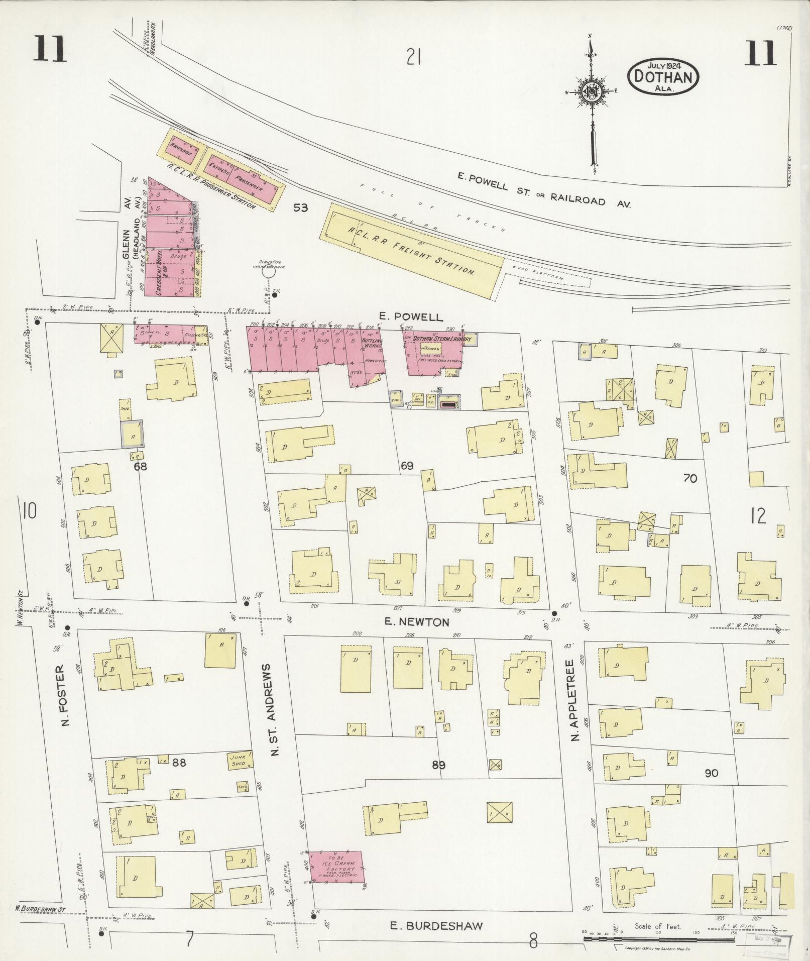 Sanborn Fire Insurance Map from Dothan, Houston County, Alabama (1924), Sheet #0011 - Historic Sanborn Fire Insurance Map Print, vintage old map wall art, antique decor, genealogy gift, Alabama Alabama map