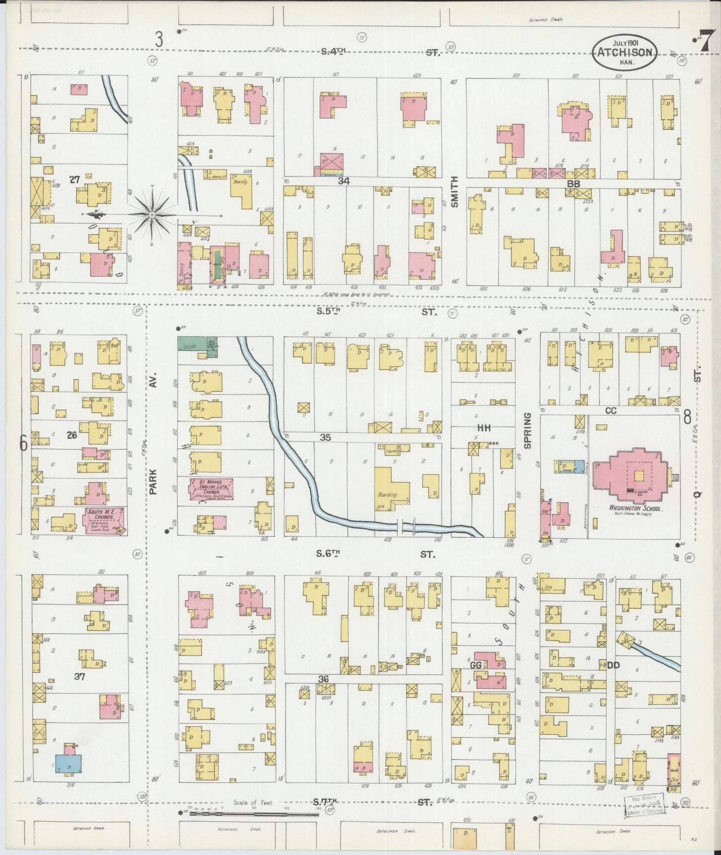 Sanborn Fire Insurance Map from Atchison, Atchison County, Kansas (1901), Sheet #0007 - Historic Sanborn Fire Insurance Map Print, vintage old map wall art, antique decor, genealogy gift, Kansas Kansas map