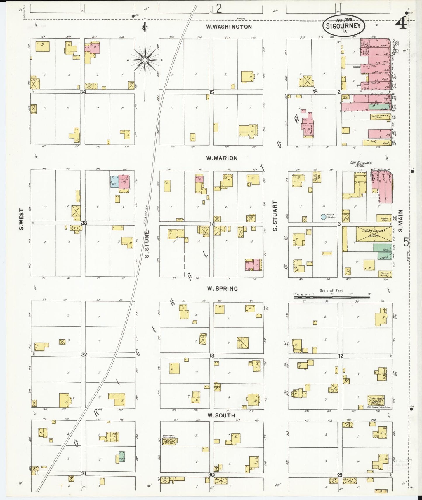 Sanborn Fire Insurance Map from Sigourney, Kiokuk County, Iowa (1899), Sheet #0004 - Historic Sanborn Fire Insurance Map Print, vintage old map wall art