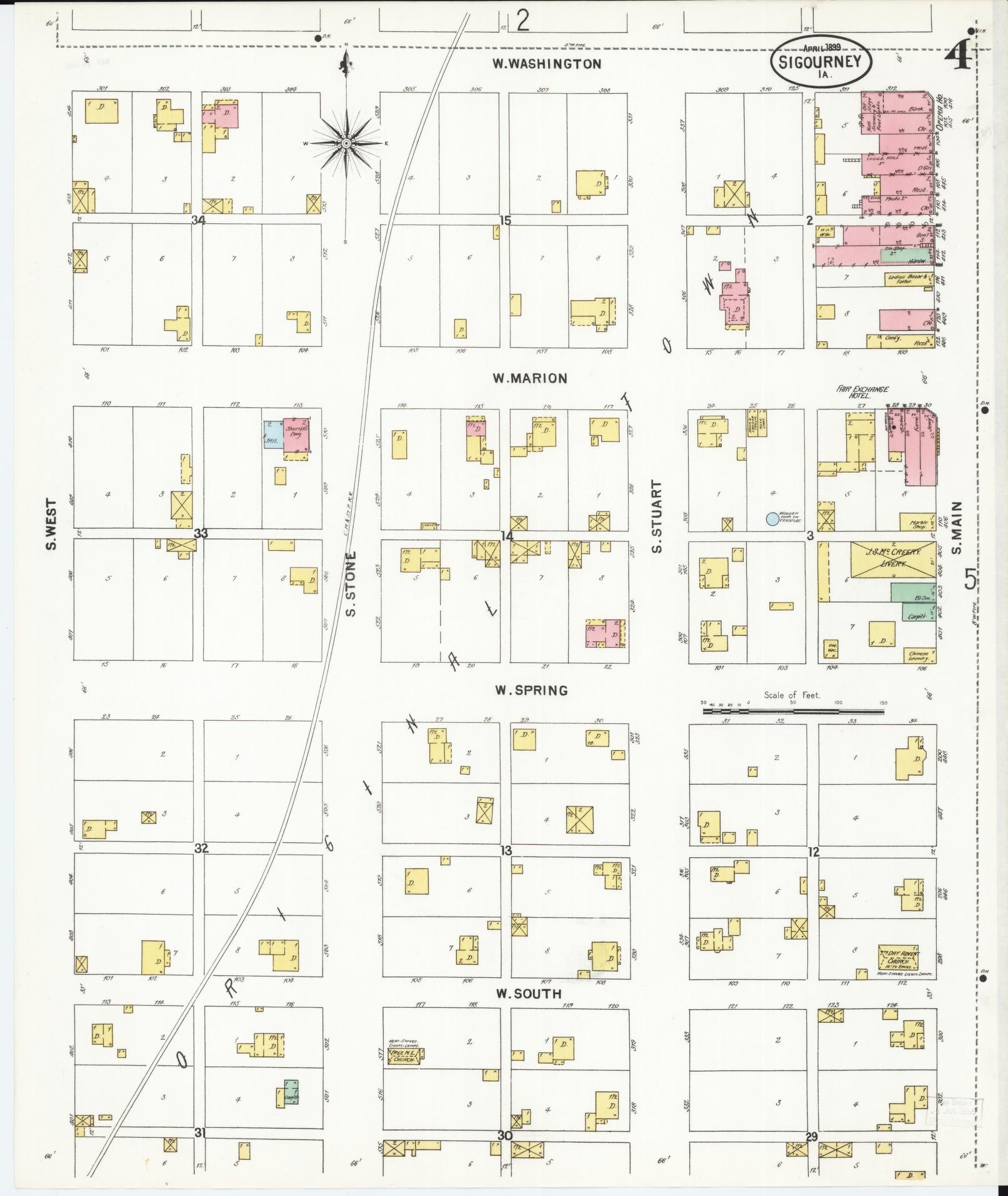 Sanborn Fire Insurance Map from Sigourney, Kiokuk County, Iowa (1899), Sheet #0004 - Historic Sanborn Fire Insurance Map Print, vintage old map wall art