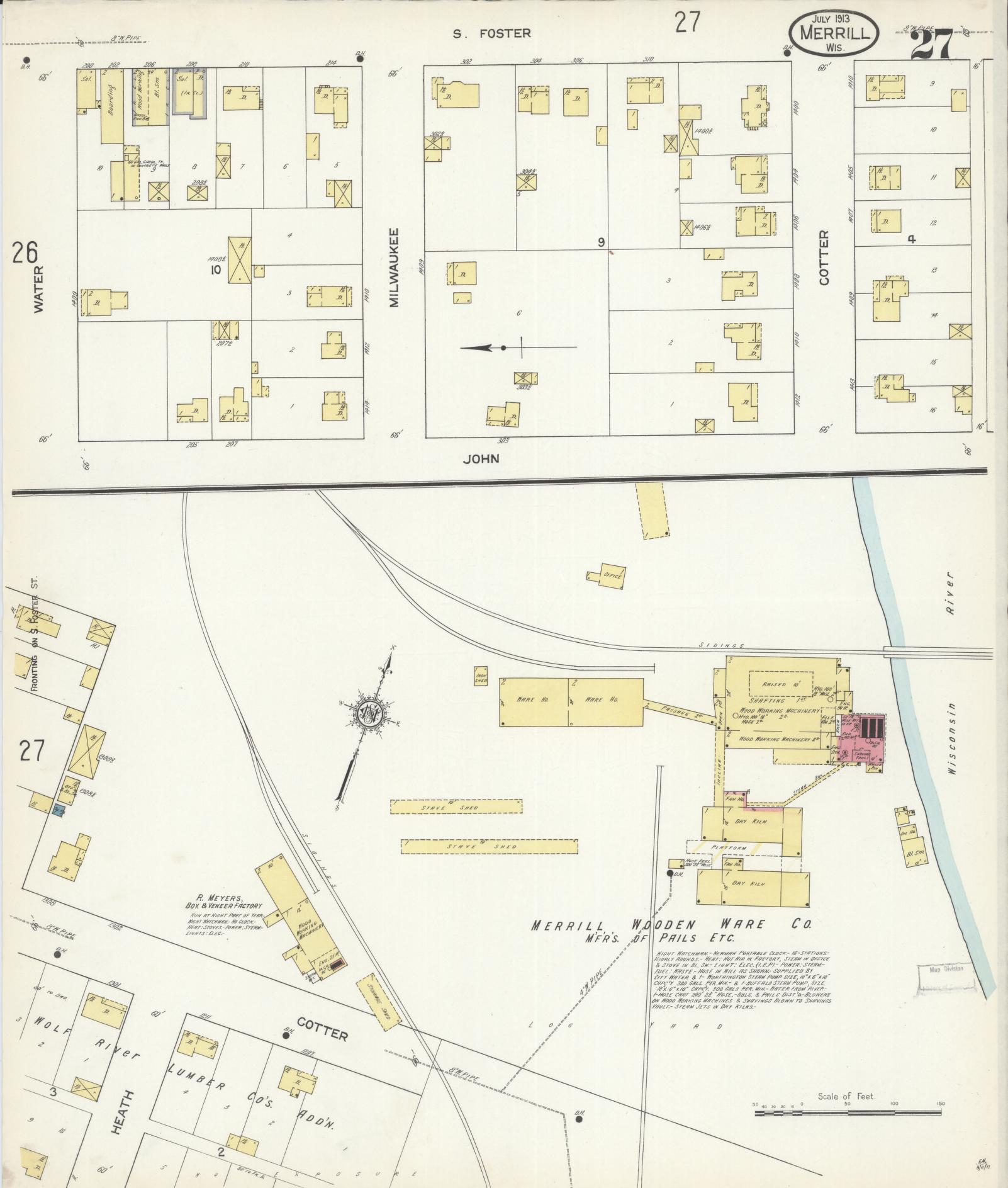 Sanborn Fire Insurance Map from Merrill, Lincoln County, Wisconsin (1913), Sheet #0027 - Historic Sanborn Fire Insurance Map Print, vintage old map wall art, antique decor, genealogy gift, Wisconsin Wisconsin map