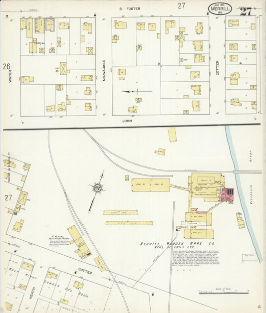 Sanborn Fire Insurance Map from Merrill, Lincoln County, Wisconsin (1913), Sheet #0027 - Historic Sanborn Fire Insurance Map Print, vintage old map wall art, antique decor, genealogy gift, Wisconsin Wisconsin map