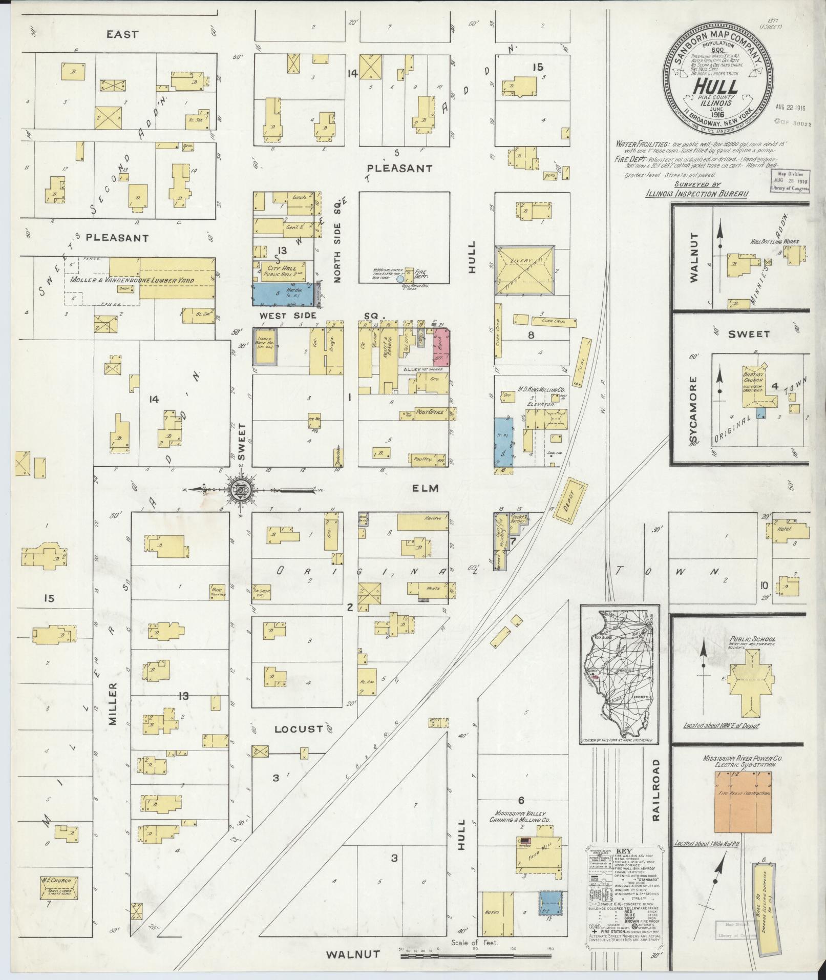 Sanborn Fire Insurance Map from Hull, Pike County, Illinois (1916), Sheet #0001 - Historic Sanborn Fire Insurance Map Print, vintage old map wall art, antique decor, genealogy gift, Illinois Illinois map