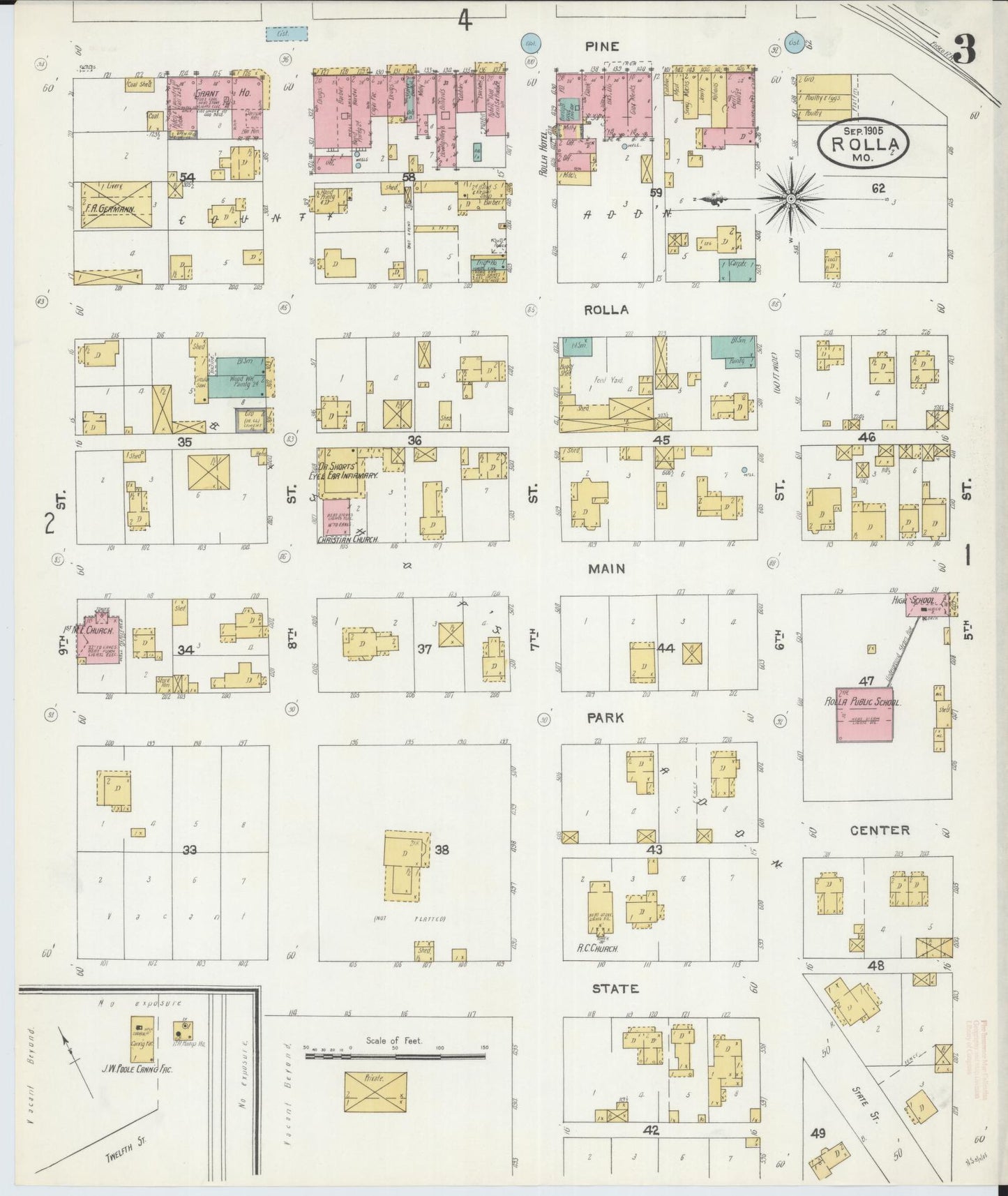 Sanborn Fire Insurance Map from Rolla, Phelps County, Missouri (1905), Sheet #0003 - Complete Map Set gallery image, historic Sanborn map, vintage wall art, Missouri Missouri