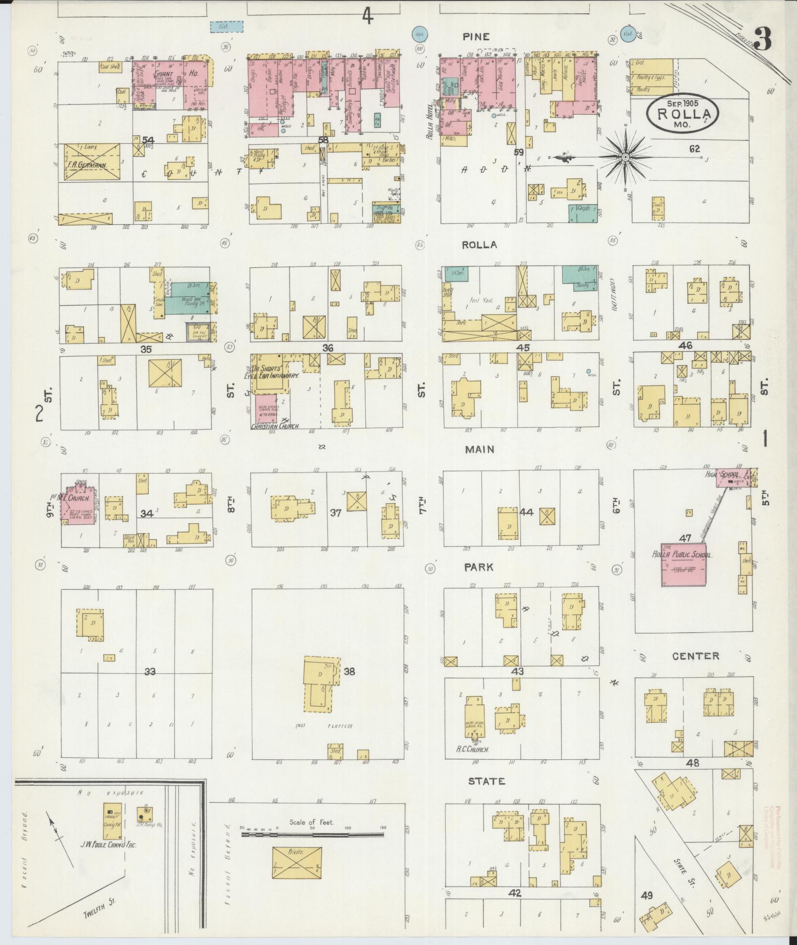 Sanborn Fire Insurance Map from Rolla, Phelps County, Missouri (1905), Sheet #0003 - Complete Map Set gallery image, historic Sanborn map, vintage wall art, Missouri Missouri