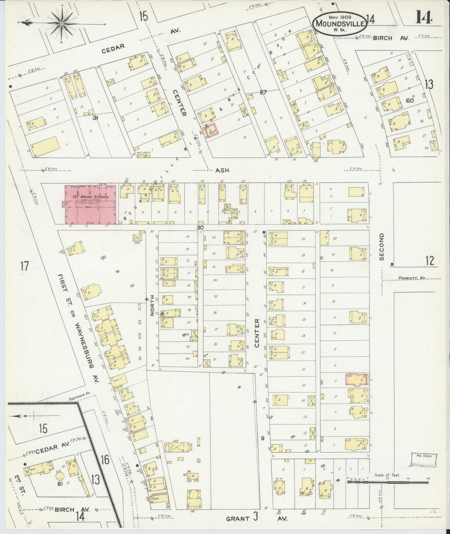 Sanborn Fire Insurance Map from Moundsville, Marshall County, West Virginia (1909), Sheet #0014 - Historic Sanborn Fire Insurance Map Print, vintage old map wall art, antique decor, genealogy gift, West Virginia West Virginia map