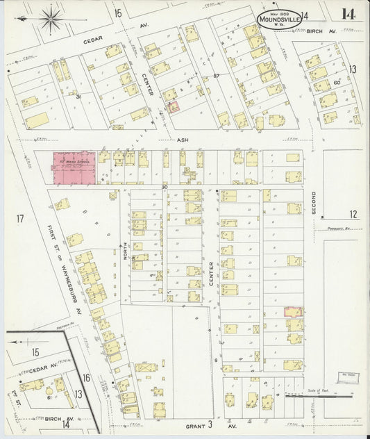 Sanborn Fire Insurance Map from Moundsville, Marshall County, West Virginia (1909), Sheet #0014 - Historic Sanborn Fire Insurance Map Print, vintage old map wall art, antique decor, genealogy gift, West Virginia West Virginia map