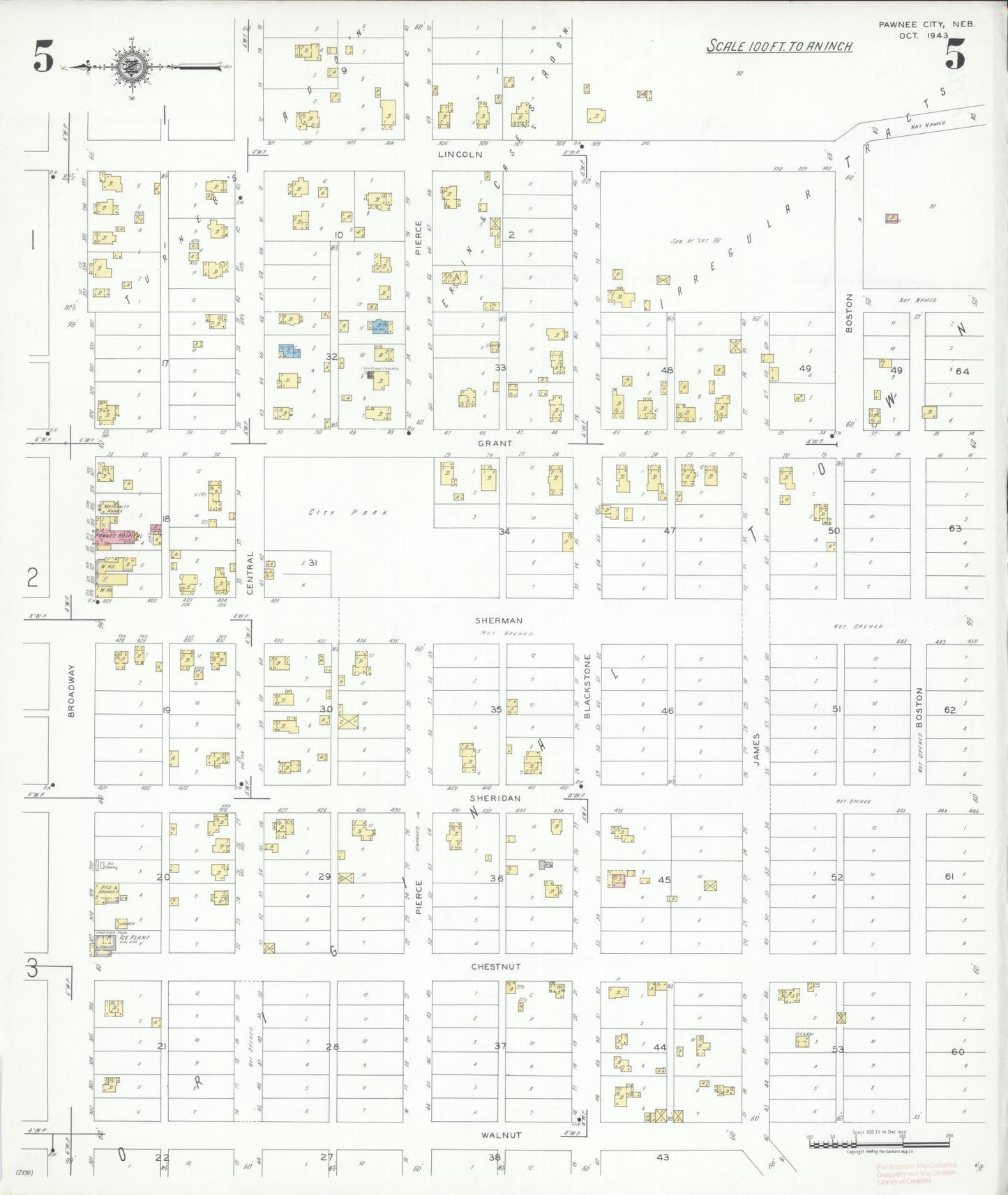 Sanborn Fire Insurance Map from Pawnee City, Pawnee County, Nebraska (1943), Sheet #0005 - Complete Map Set gallery image, historic Sanborn map, vintage wall art, Nebraska Nebraska