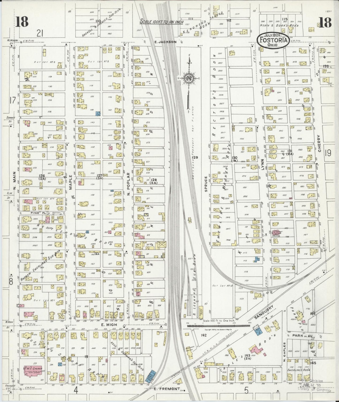 Sanborn Fire Insurance Map from Fostoria, Seneca, Hancock, And Wood Counties, Ohio (1924), Sheet #0018 - Historic Sanborn Fire Insurance Map Print, vintage old map wall art, antique decor, genealogy gift, Ohio Ohio map