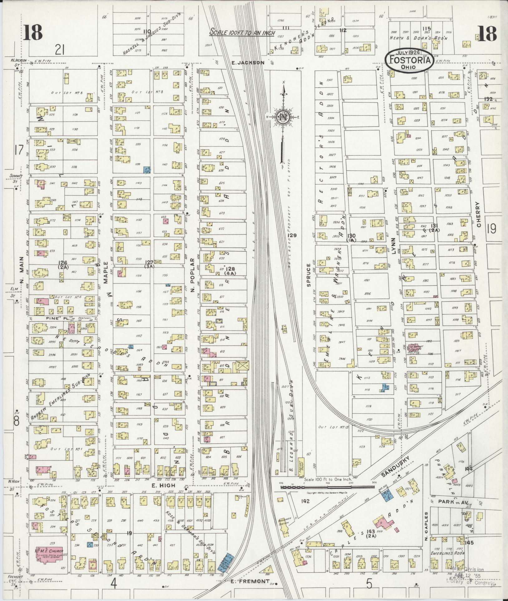 Sanborn Fire Insurance Map from Fostoria, Seneca, Hancock, And Wood Counties, Ohio (1924), Sheet #0018 - Historic Sanborn Fire Insurance Map Print, vintage old map wall art, antique decor, genealogy gift, Ohio Ohio map