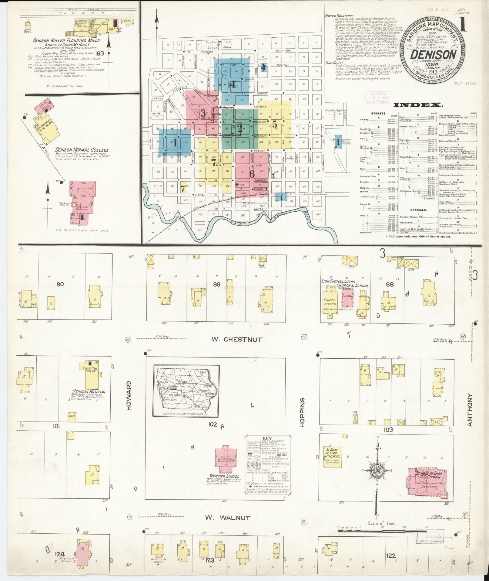 Sanborn Fire Insurance Map from Denison, Crawford County, Iowa (1913), Sheet #0001 - Historic Sanborn Fire Insurance Map Print, vintage old map wall art