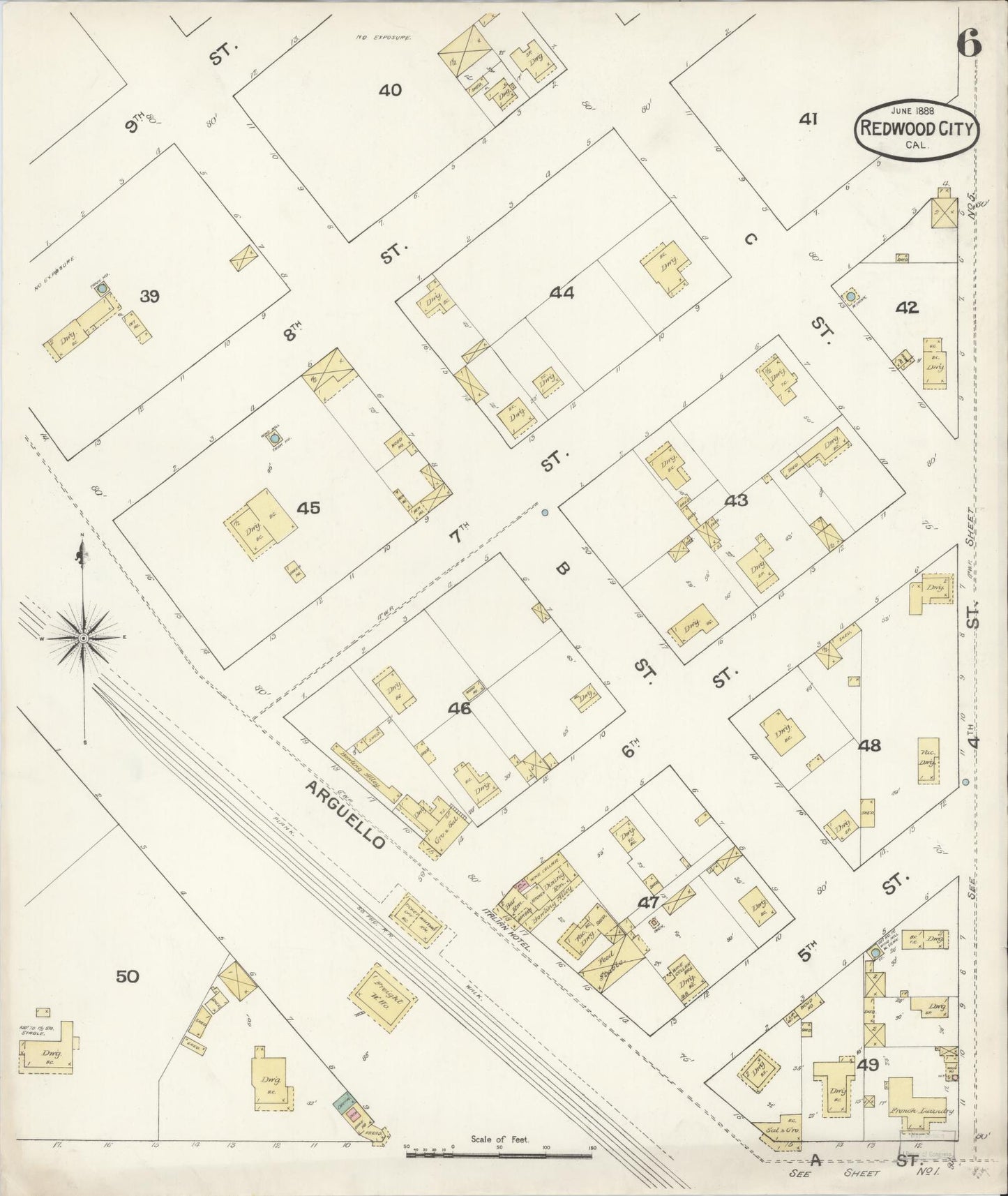 Sanborn Fire Insurance Map from Redwood City, San Mateo County, California (1888), Sheet #0006 - Complete Map Set gallery image, historic Sanborn map, vintage wall art, California California