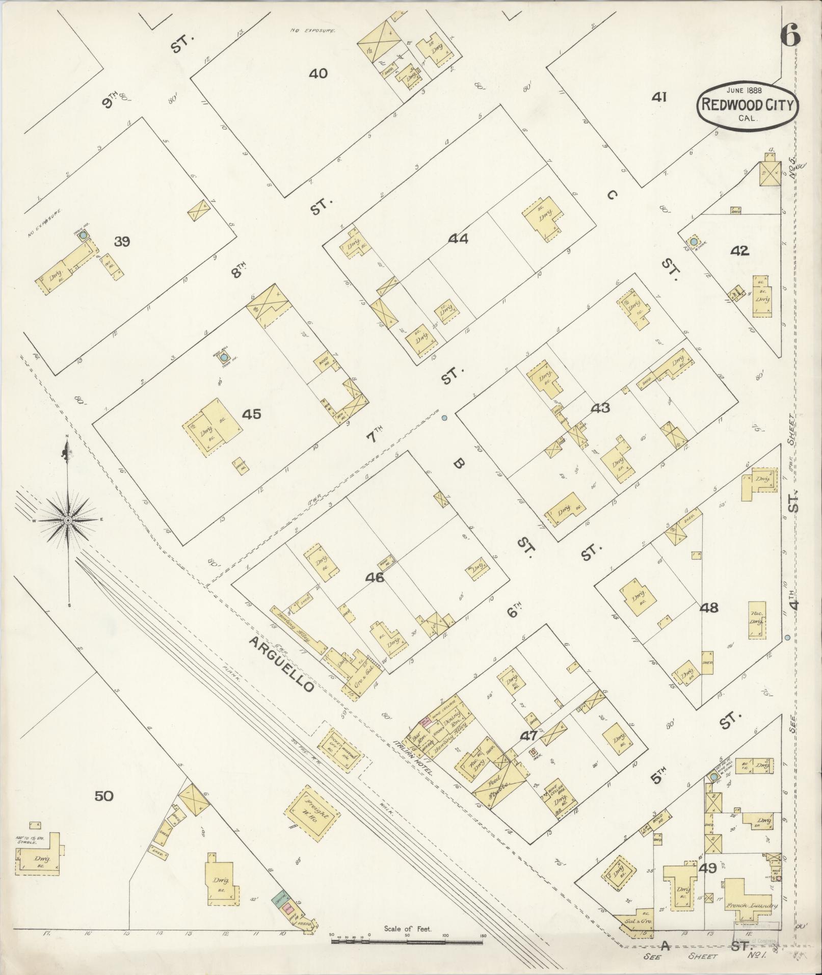 Sanborn Fire Insurance Map from Redwood City, San Mateo County, California (1888), Sheet #0006 - Complete Map Set gallery image, historic Sanborn map, vintage wall art, California California