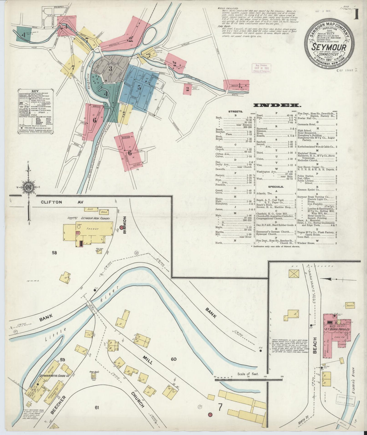 Sanborn Fire Insurance Map from Seymour, New Haven County, Connecticut (1911), Sheet #0001 - Historic Sanborn Fire Insurance Map Print, vintage old map wall art, antique decor, genealogy gift, Connecticut Connecticut map