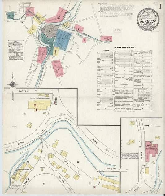 Sanborn Fire Insurance Map from Seymour, New Haven County, Connecticut (1911), Sheet #0001 - Historic Sanborn Fire Insurance Map Print, vintage old map wall art, antique decor, genealogy gift, Connecticut Connecticut map