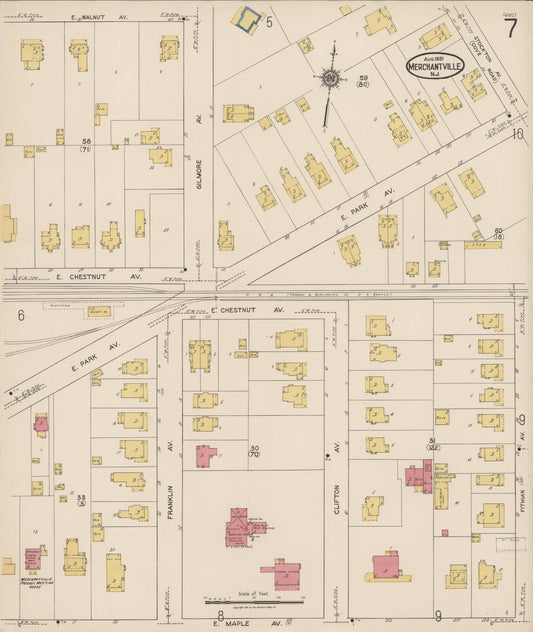 Sanborn Fire Insurance Map from Merchantville, Camden County, New Jersey (1921), Sheet #0007 - Historic Sanborn Fire Insurance Map Print, vintage old map wall art, antique decor, genealogy gift, New Jersey New Jersey map