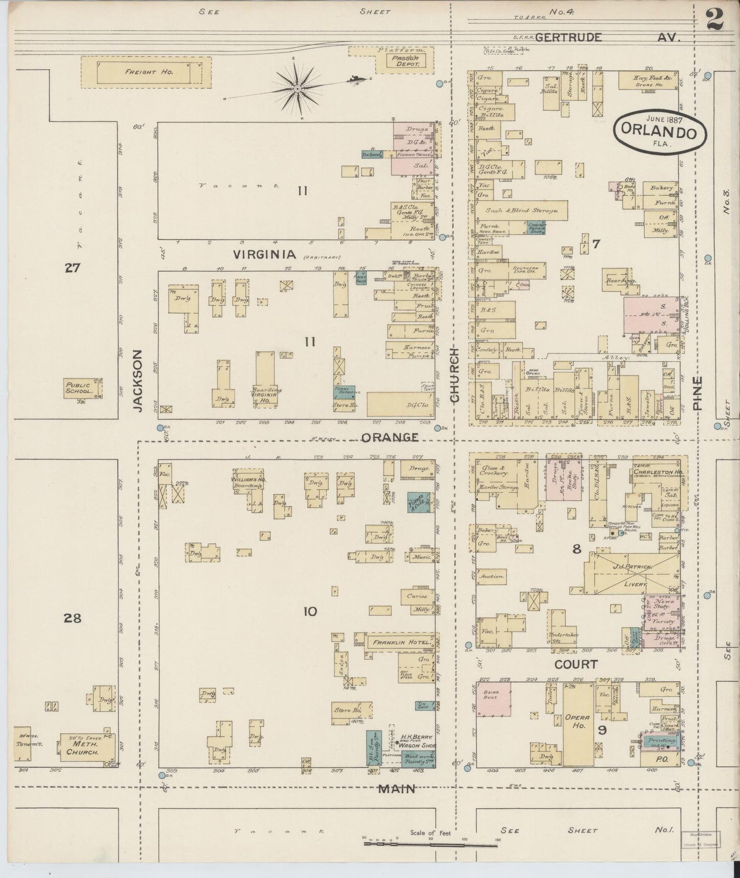 Sanborn Fire Insurance Map from Orlando, Orange County, Florida (1887), Sheet #0002 - Complete Map Set gallery image, historic Sanborn map, vintage wall art, Florida Florida