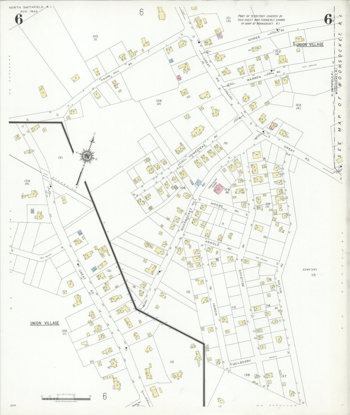 Sanborn Fire Insurance Map from North Smithfield, Providence County, Rhode Island (1940), Sheet #0006 - Historic Sanborn Fire Insurance Map Print, vintage old map wall art, antique decor, genealogy gift, Rhode Island Rhode Island map