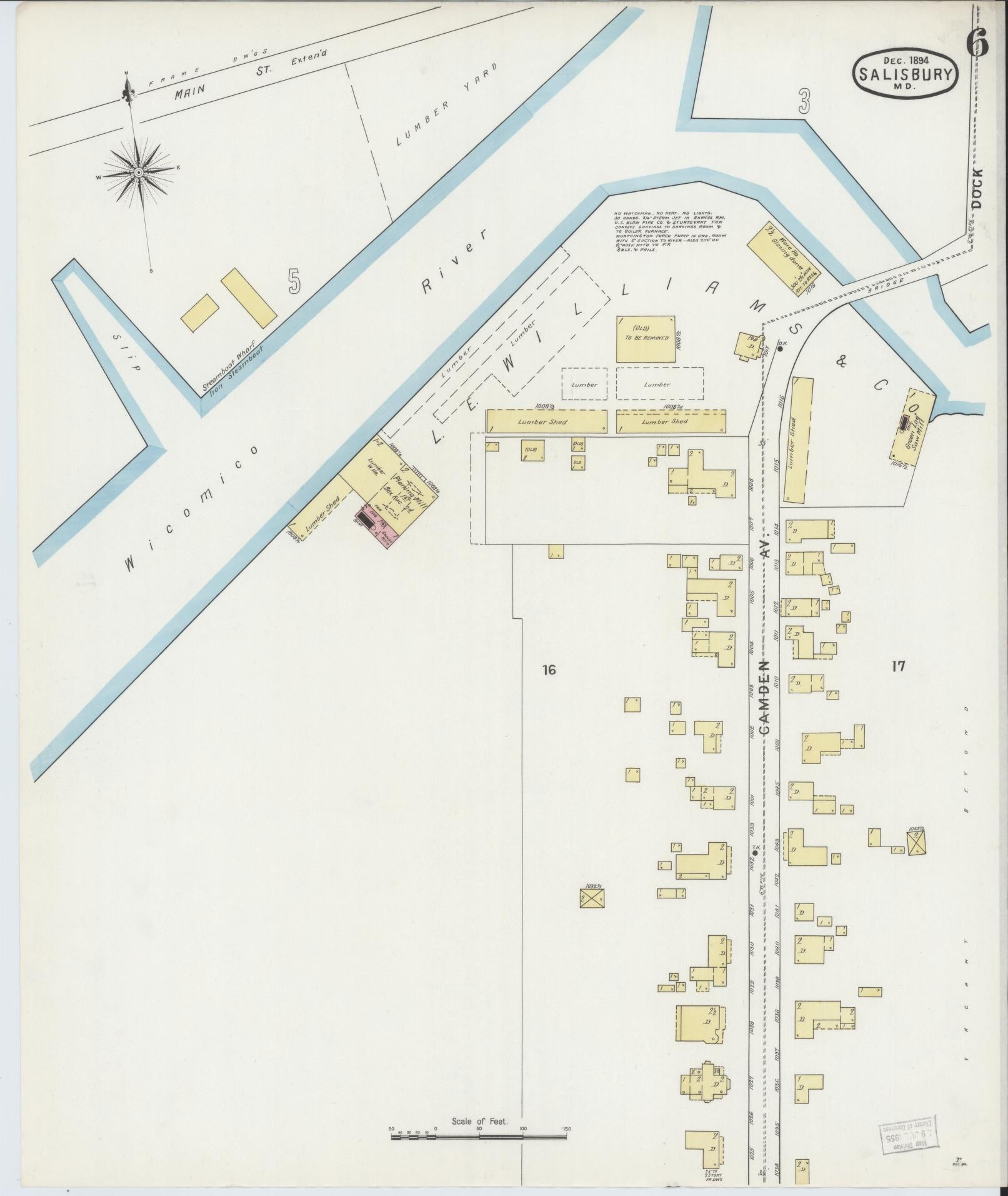 Sanborn Fire Insurance Map from Salisbury, Wicomico County, Maryland (1894), Sheet #0006 - Historic Sanborn Fire Insurance Map Print, vintage old map wall art, antique decor, genealogy gift, Maryland Maryland map