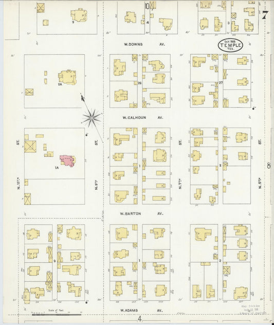 Sanborn Fire Insurance Map from Temple, Bell County, Texas (1905), Sheet #0007 - Historic Sanborn Fire Insurance Map Print, vintage old map wall art, antique decor, genealogy gift, Texas Texas map