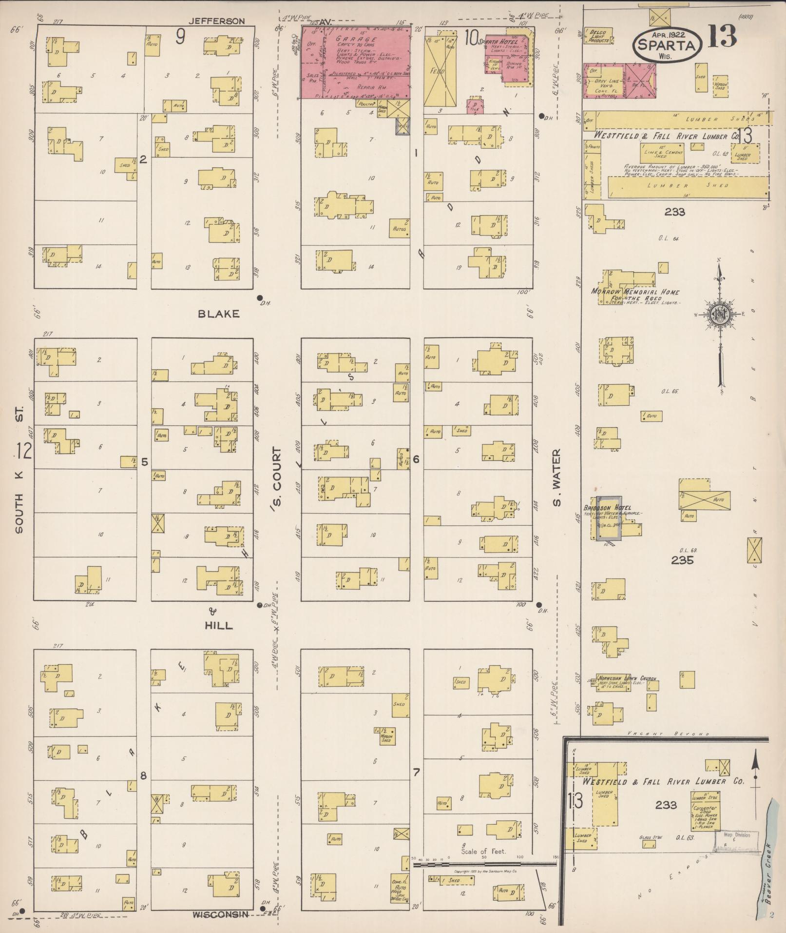 Sanborn Fire Insurance Map from Sparta, Monroe County, Wisconsin (1922), Sheet #0013 - Historic Sanborn Fire Insurance Map Print, vintage old map wall art, antique decor, genealogy gift, Wisconsin Wisconsin map