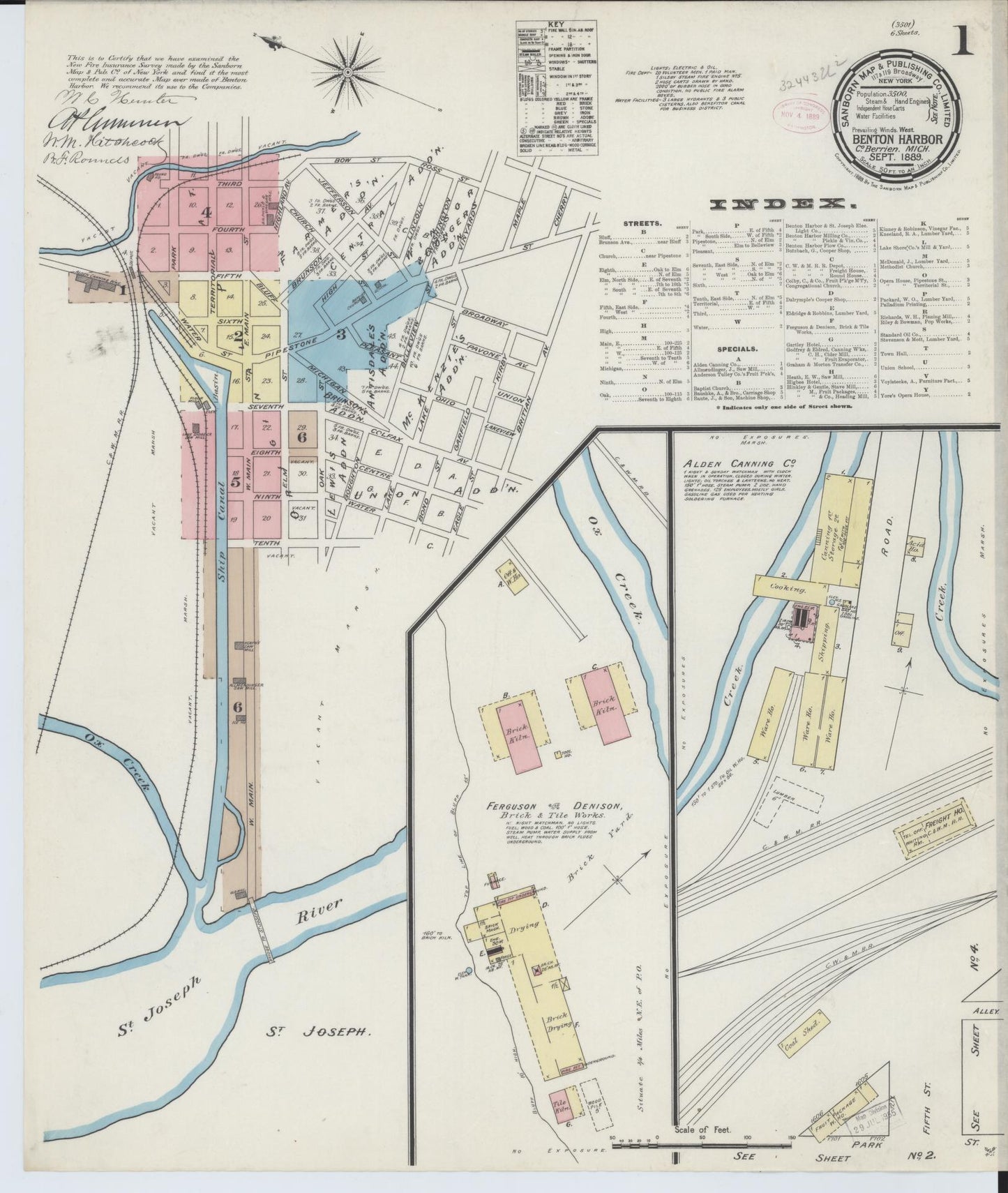 Sanborn Fire Insurance Map from Benton Harbor, Berrien County, Michigan (1889), Sheet #0001 - Historic Sanborn Fire Insurance Map Print, vintage old map wall art, antique decor, genealogy gift, Michigan Michigan map