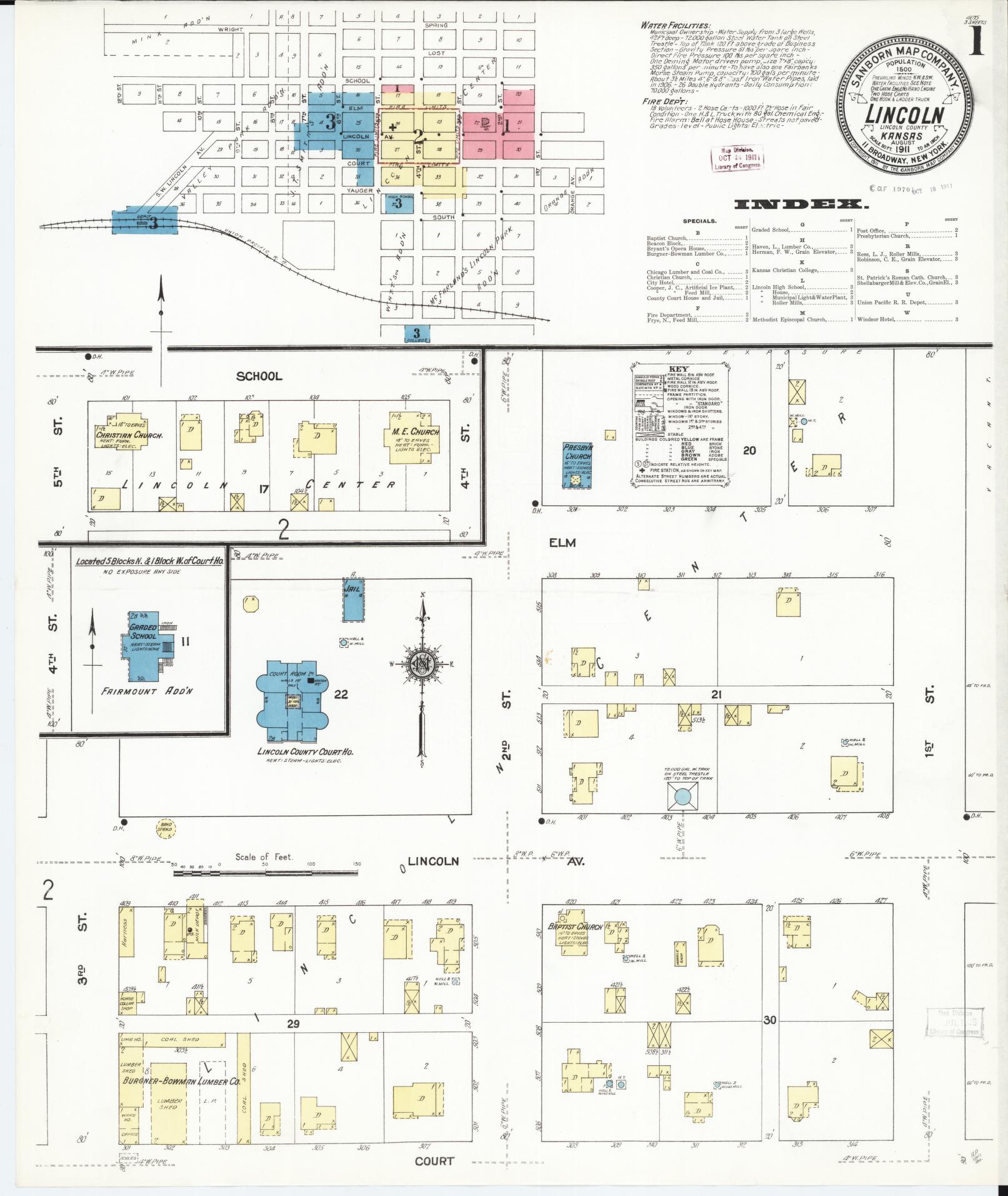 Sanborn Fire Insurance Map from Lincoln, Lincoln County, Kansas (1911), Sheet #0001 - Historic Sanborn Fire Insurance Map Print, vintage old map wall art, antique decor, genealogy gift, Kansas Kansas map