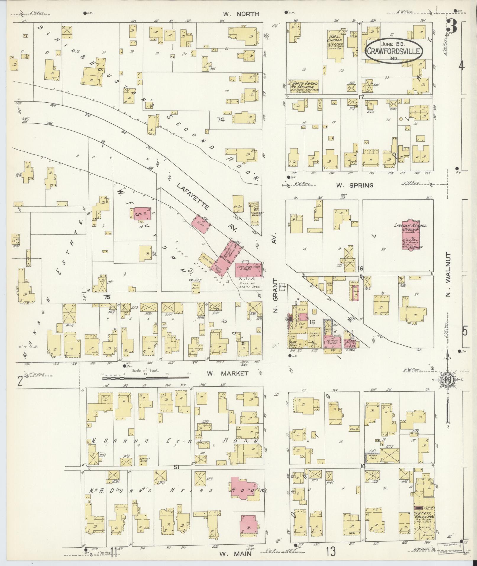 Sanborn Fire Insurance Map from Crawfordsville, Montgomery County, Indiana (1913), Sheet #0003 - Complete Map Set gallery image, historic Sanborn map, vintage wall art, Indiana Indiana