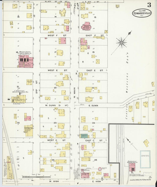 Sanborn Fire Insurance Map from Edwardsville, Madison County, Illinois (1909), Sheet #0003 - Historic Sanborn Fire Insurance Map Print, vintage old map wall art, antique decor, genealogy gift, Illinois Illinois map