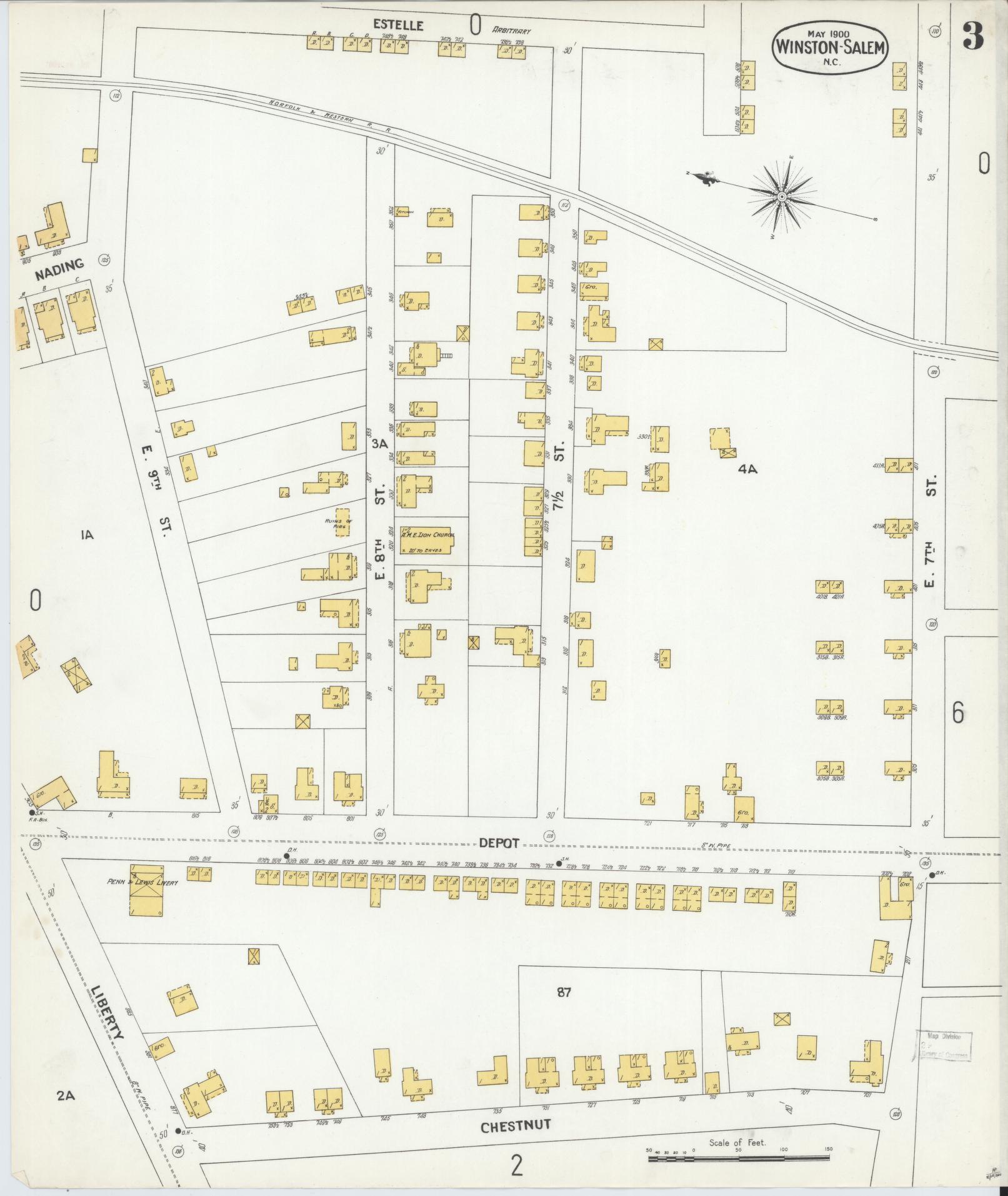 Sanborn Fire Insurance Map from Winston-Salem, Forsyth County, North Carolina (1900), Sheet #0003 - Complete Map Set gallery image, historic Sanborn map, vintage wall art, North Carolina North Carolina