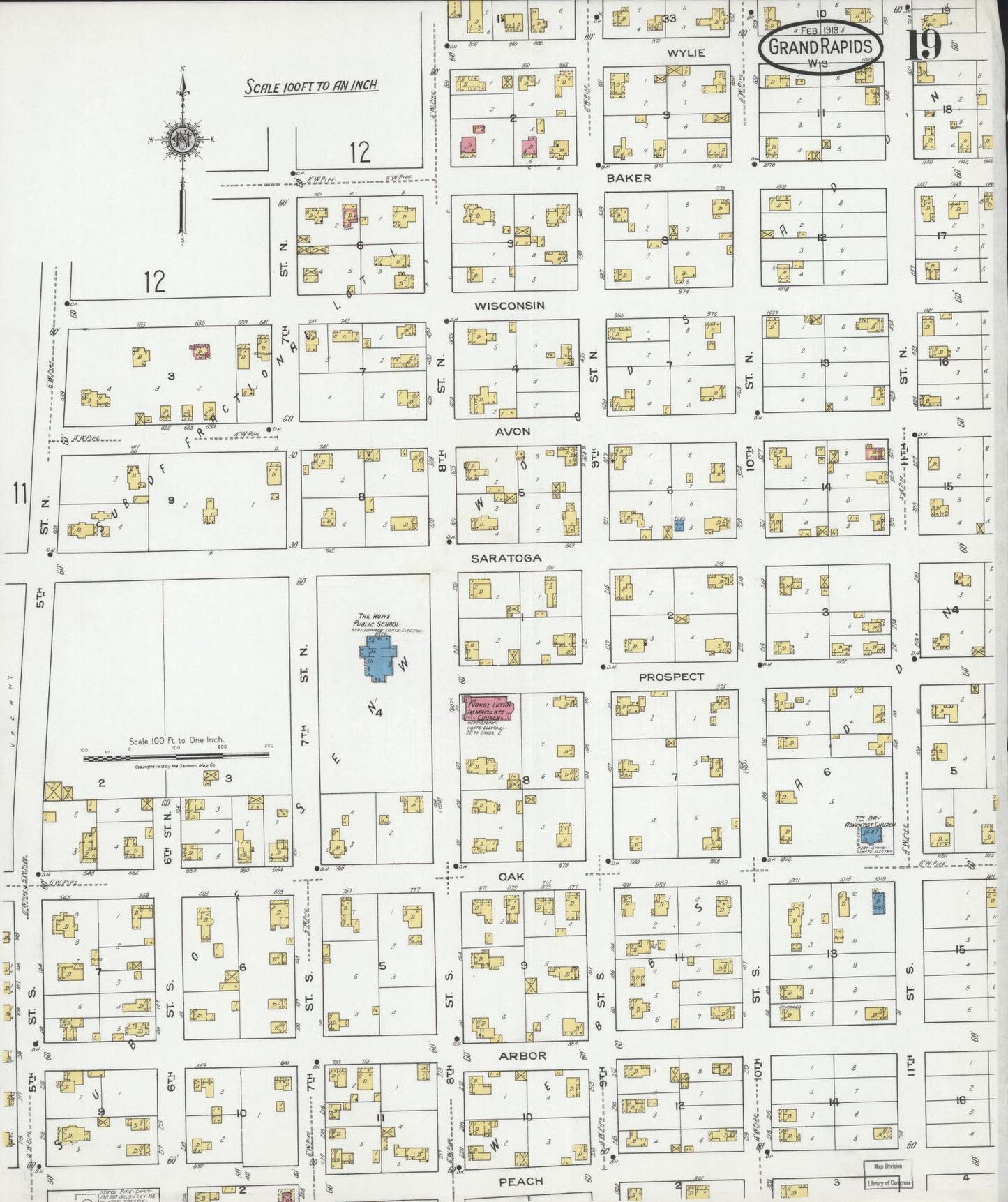 Sanborn Fire Insurance Map from Grand Rapids, Wood County, Wisconsin (1919), Sheet #0019 - Historic Sanborn Fire Insurance Map Print, vintage old map wall art, antique decor, genealogy gift, Wisconsin Wisconsin map