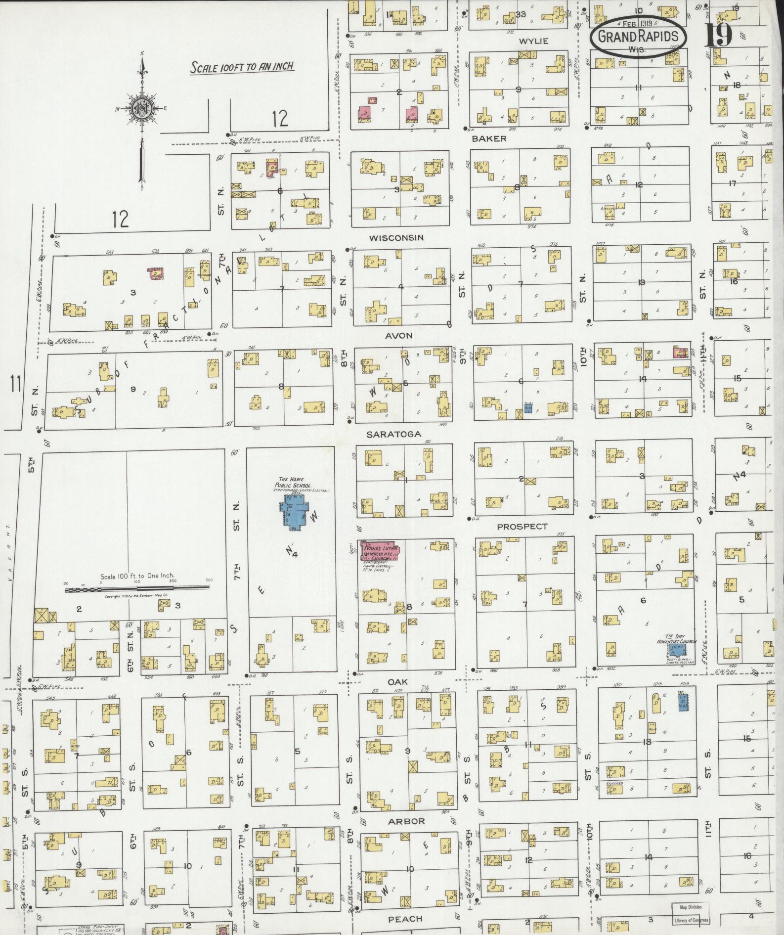 Sanborn Fire Insurance Map from Grand Rapids, Wood County, Wisconsin (1919), Sheet #0019 - Historic Sanborn Fire Insurance Map Print, vintage old map wall art, antique decor, genealogy gift, Wisconsin Wisconsin map