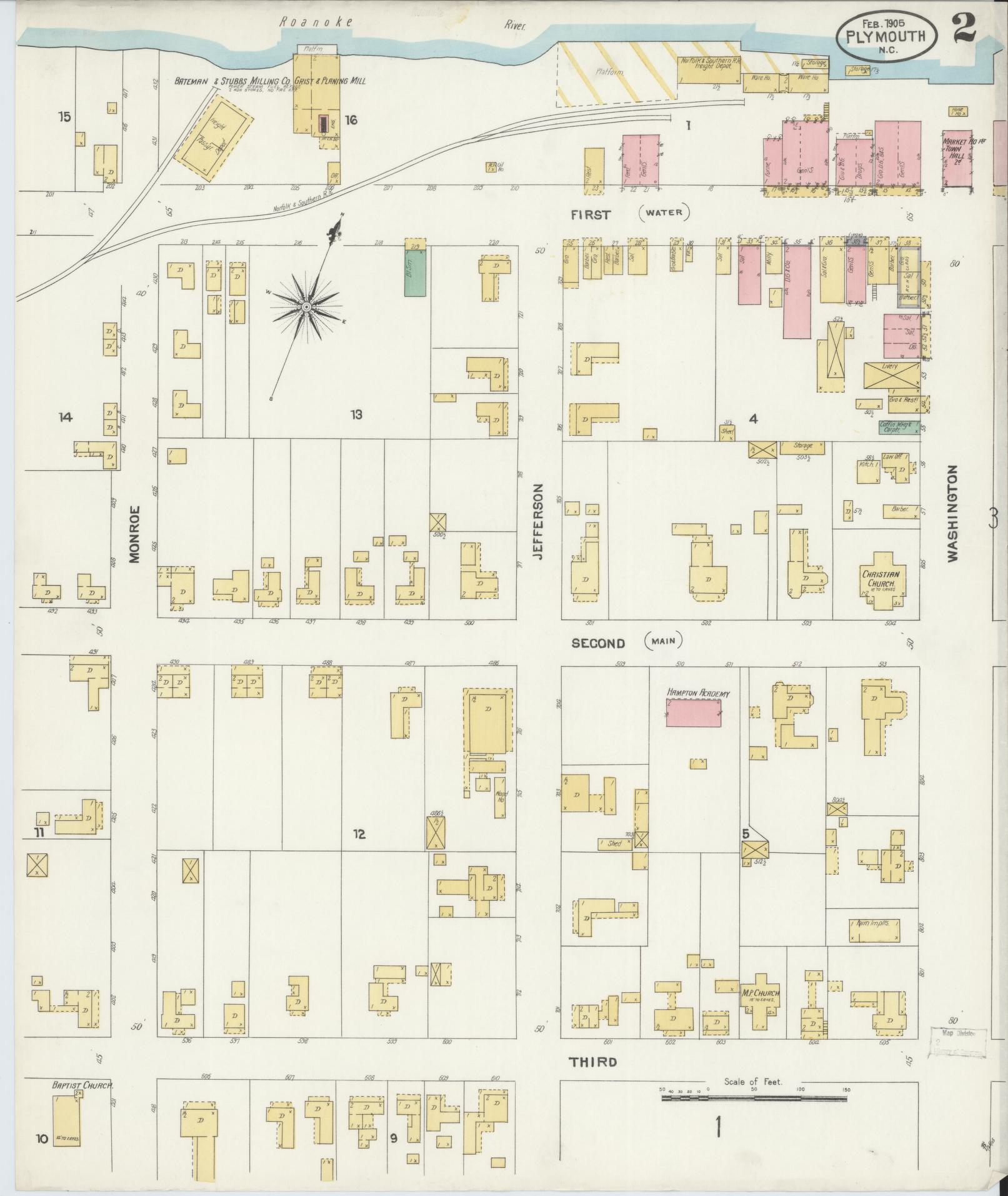 Sanborn Fire Insurance Map from Plymouth, Washington County, North Carolina (1905), Sheet #0002 - Historic Sanborn Fire Insurance Map Print, vintage old map wall art, antique decor, genealogy gift, North Carolina North Carolina map