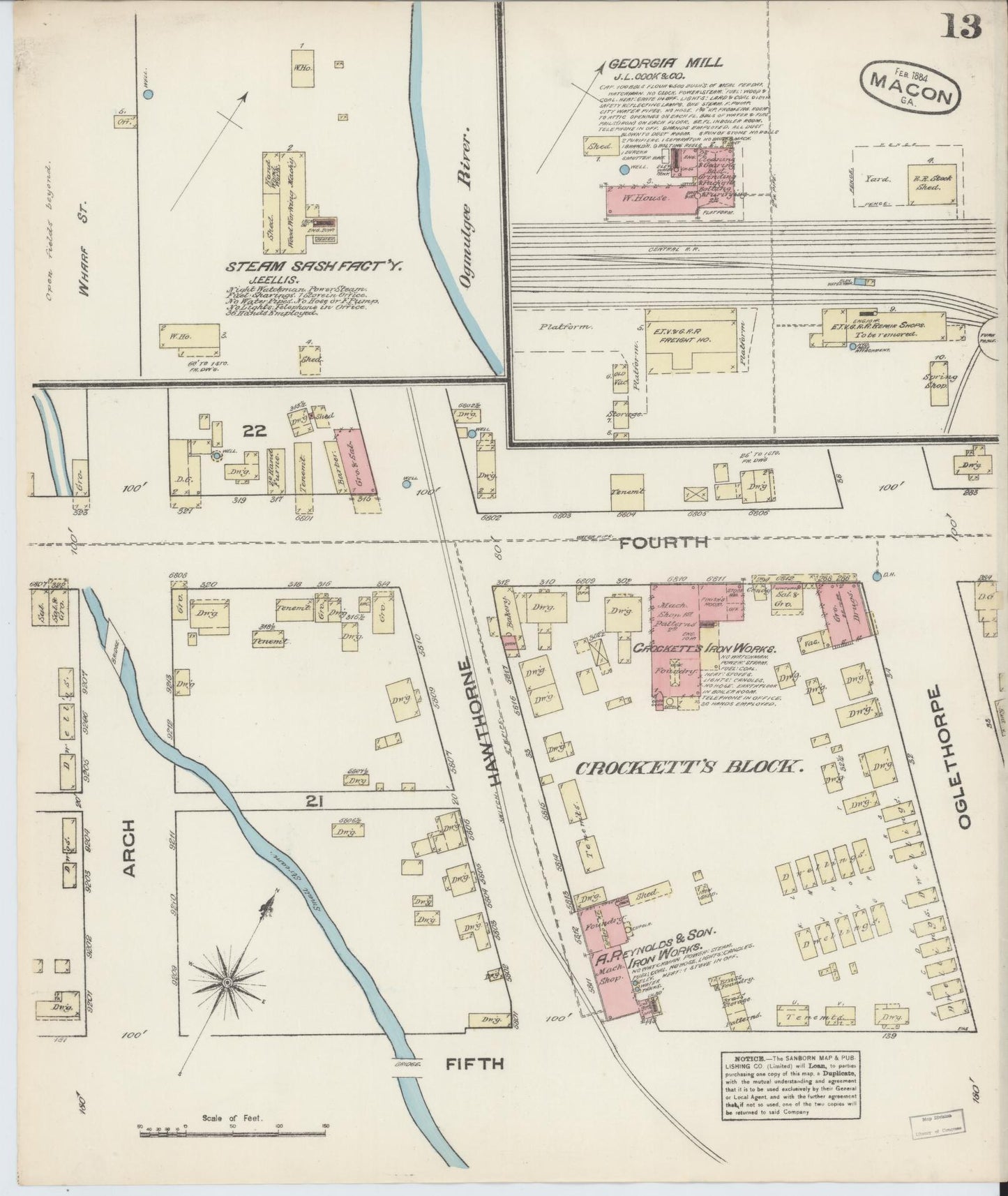 Sanborn Fire Insurance Map from Macon, Bibb and Jones County, Georgia (1884), Sheet #0013 - Historic Sanborn Fire Insurance Map Print, vintage old map wall art, antique decor, genealogy gift, Georgia Georgia map