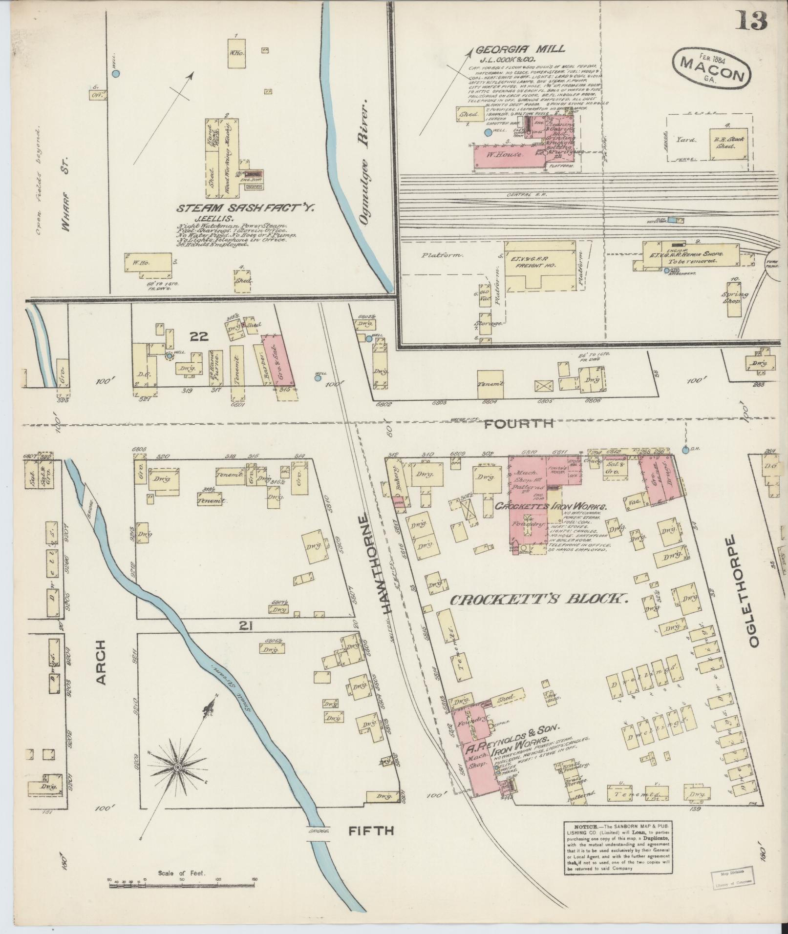 Sanborn Fire Insurance Map from Macon, Bibb and Jones County, Georgia (1884), Sheet #0013 - Historic Sanborn Fire Insurance Map Print, vintage old map wall art, antique decor, genealogy gift, Georgia Georgia map
