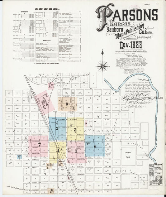 Sanborn Fire Insurance Map from Parsons, Labette County, Kansas (1888), Sheet #0001 - Historic Sanborn Fire Insurance Map Print, vintage old map wall art, antique decor, genealogy gift, Kansas Kansas map