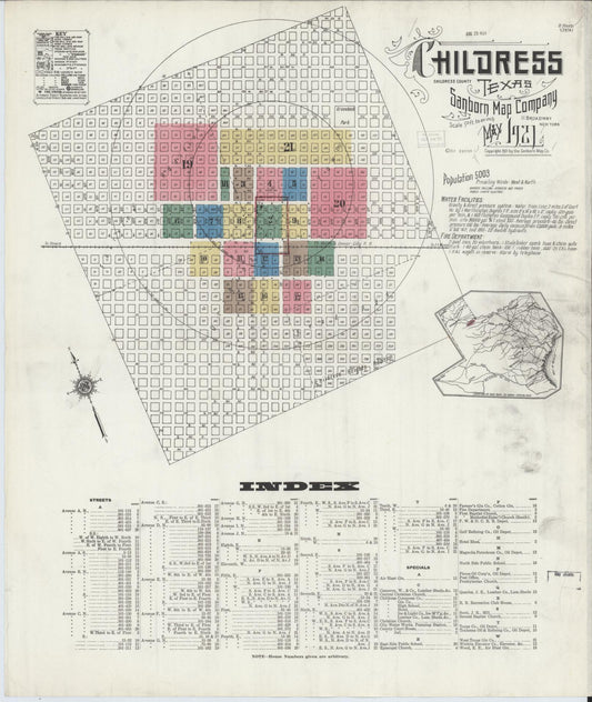 Sanborn Fire Insurance Map from Childress, Childress County, Texas (1921), Sheet #0001 - Complete Map Set gallery image, historic Sanborn map, vintage wall art, Texas Texas