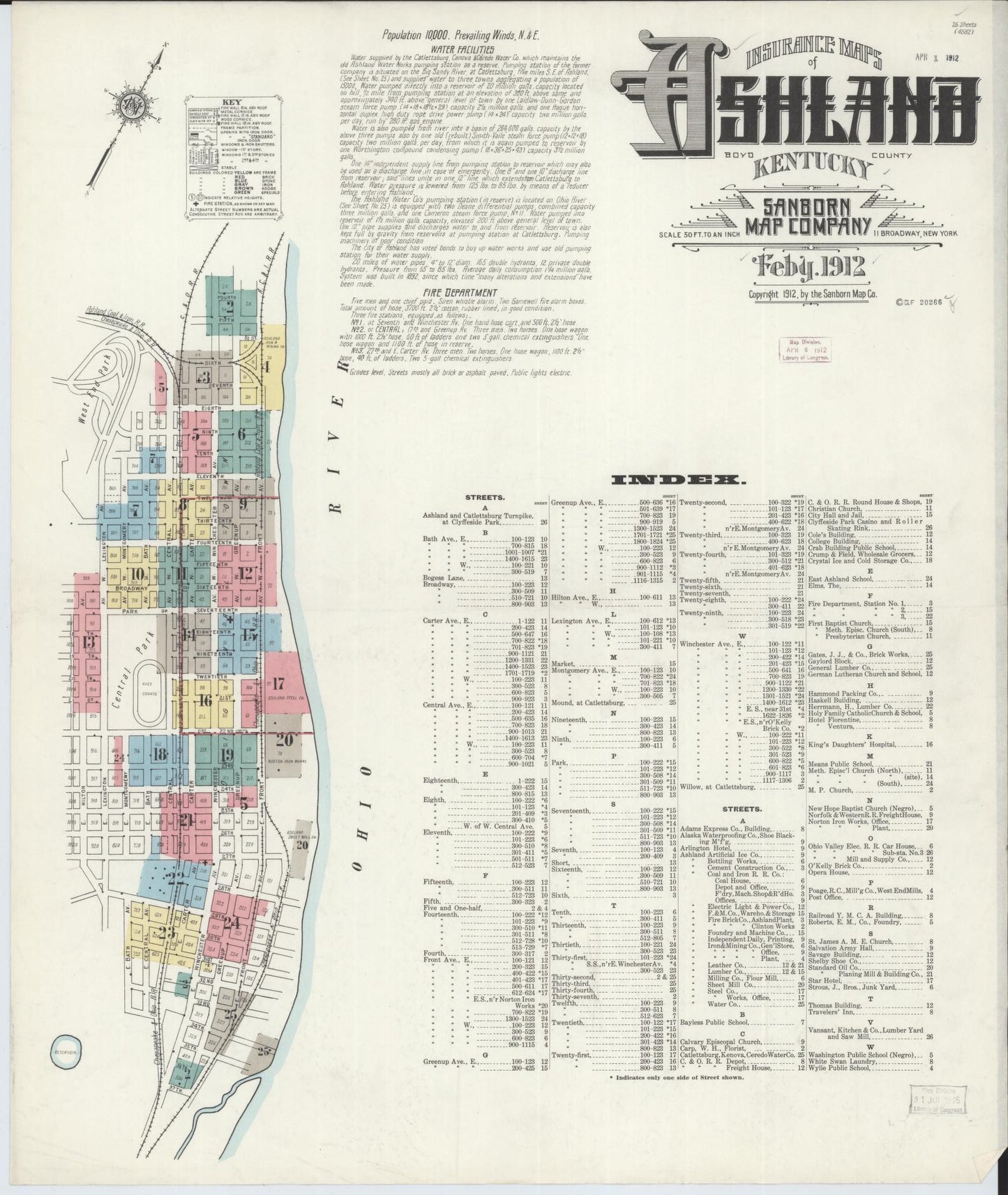 Sanborn Fire Insurance Map from Ashland, Boyd County, Kentucky (1912), Sheet #0001 - Historic Sanborn Fire Insurance Map Print, vintage old map wall art, antique decor, genealogy gift, Kentucky Kentucky map