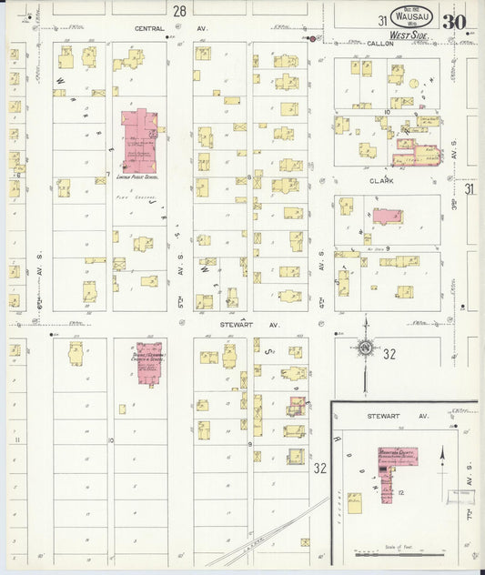 Sanborn Fire Insurance Map from Wausau, Marathon County, Wisconsin (1912), Sheet #0030 - Historic Sanborn Fire Insurance Map Print, vintage old map wall art, antique decor, genealogy gift, Wisconsin Wisconsin map