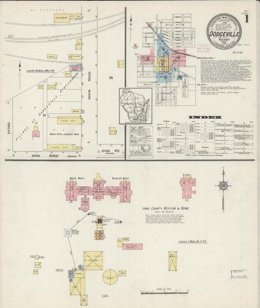 Sanborn Fire Insurance Map from Dodgeville, Iowa County, Wisconsin (1915), Sheet #0001 - Historic Sanborn Fire Insurance Map Print, vintage old map wall art, antique decor, genealogy gift, Wisconsin Wisconsin map