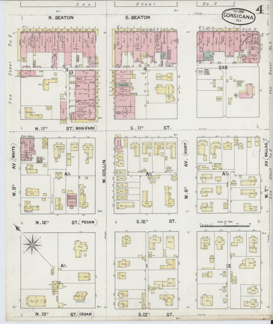 Sanborn Fire Insurance Map from Corsicana, Navarro County, Texas (1889), Sheet #0004 - Historic Sanborn Fire Insurance Map Print, vintage old map wall art, antique decor, genealogy gift, Texas Texas map