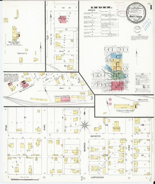 Sanborn Fire Insurance Map from What Cheer, Keokuk County, Iowa (1899), Sheet #0001 - Historic Sanborn Fire Insurance Map Print, vintage old map wall art