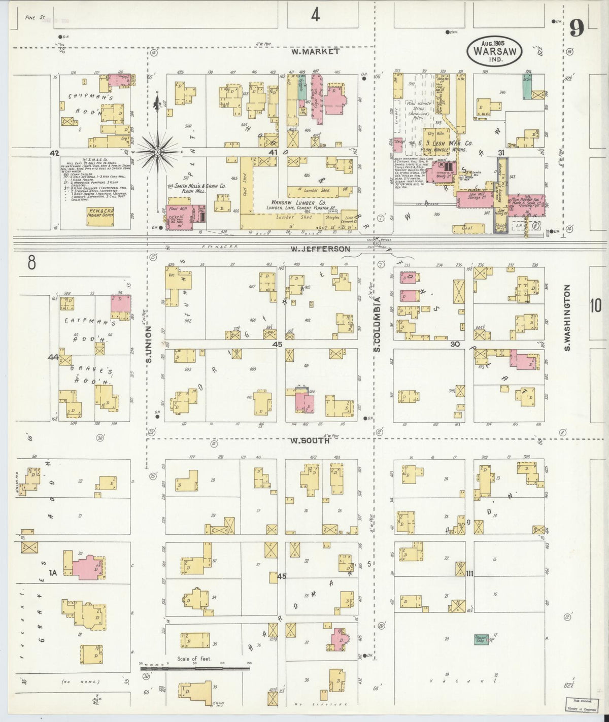 Sanborn Fire Insurance Map from Warsaw, Kosciusko County, Indiana (1905), Sheet #0009 - Historic Sanborn Fire Insurance Map Print, vintage old map wall art, antique decor, genealogy gift, Indiana Indiana map