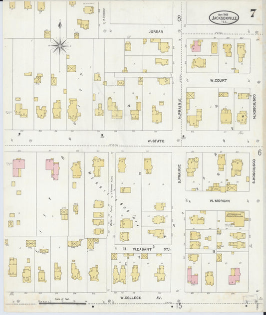 Sanborn Fire Insurance Map from Jacksonville, Morgan County, Illinois (1905), Sheet #0007 - Historic Sanborn Fire Insurance Map Print, vintage old map wall art, antique decor, genealogy gift, Illinois Illinois map