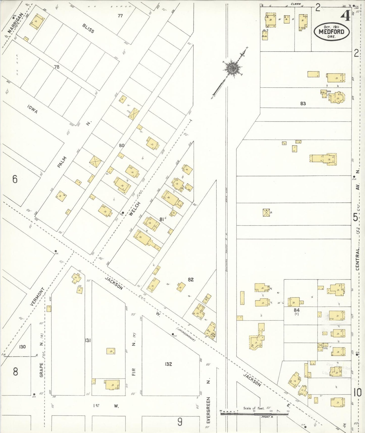 Sanborn Fire Insurance Map from Medford, Jackson County, Oregon (1911), Sheet #0004 - Historic Sanborn Fire Insurance Map Print, vintage old map wall art, antique decor, genealogy gift, Oregon Oregon map