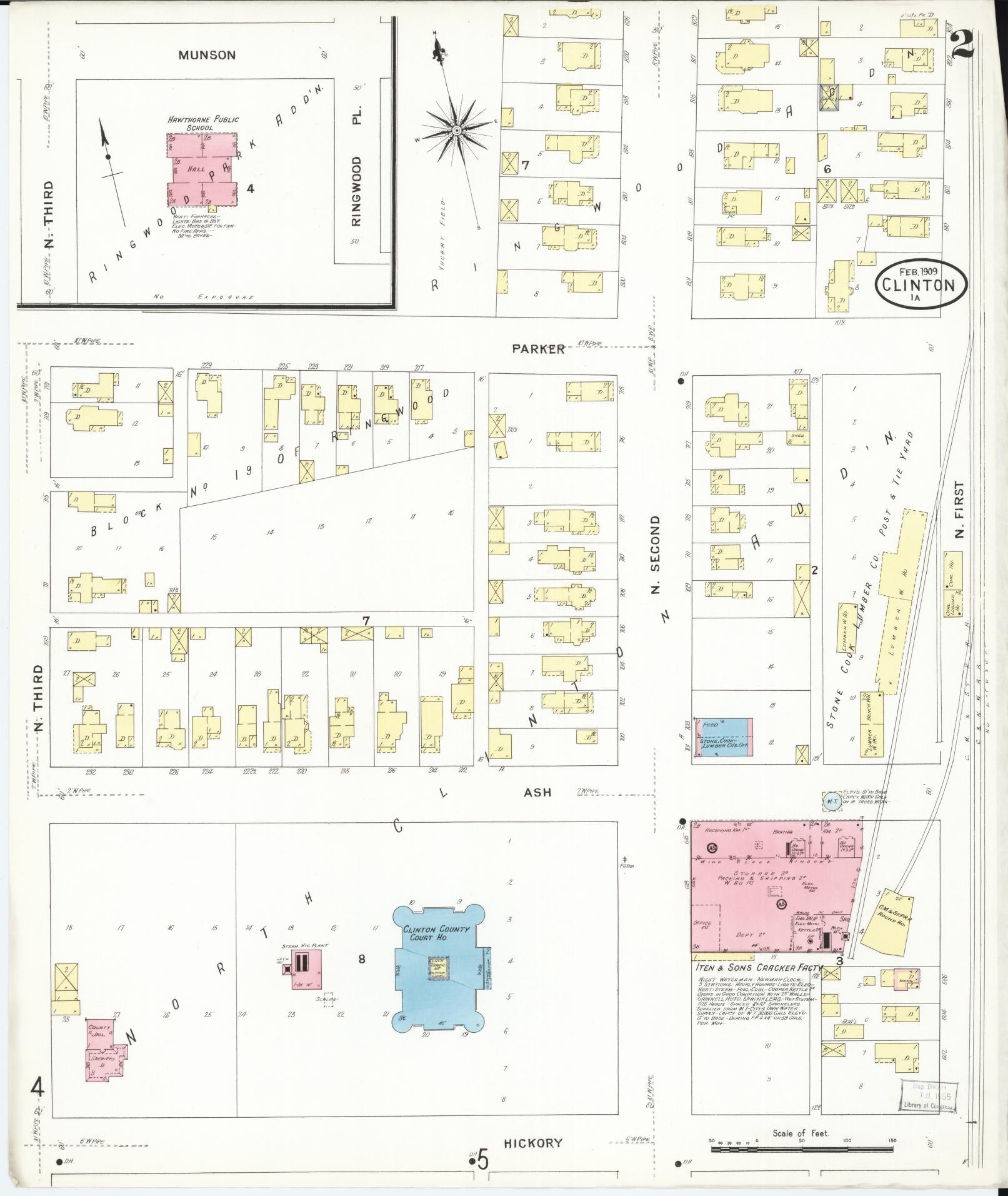 Sanborn Fire Insurance Map from Clinton, Clinton County, Iowa (1909), Sheet #0002 - Historic Sanborn Fire Insurance Map Print, vintage old map wall art