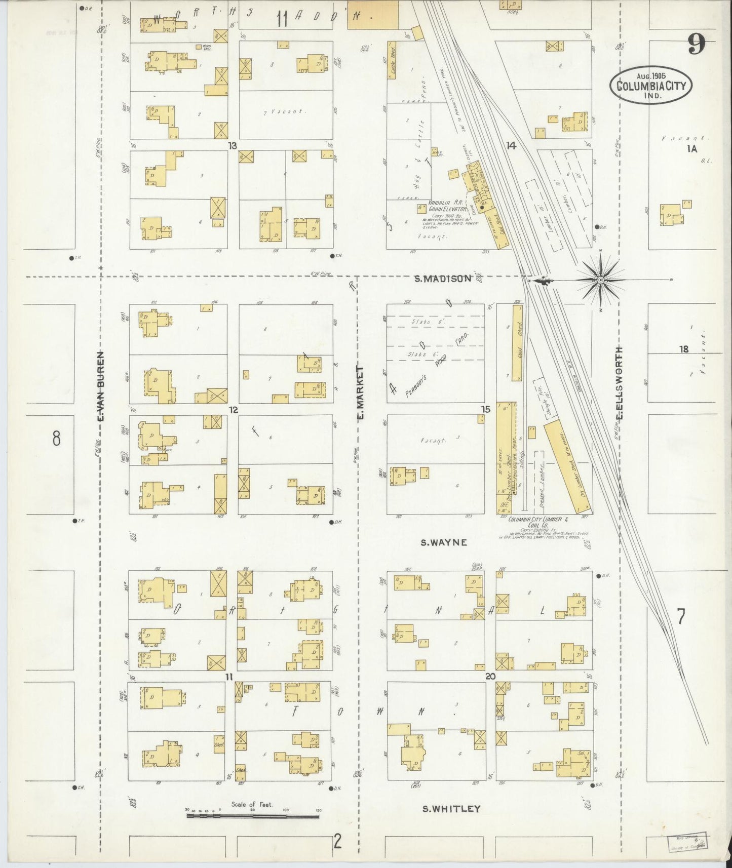 Sanborn Fire Insurance Map from Columbia City, Whitley County, Indiana (1905), Sheet #0009 - Complete Map Set gallery image, historic Sanborn map, vintage wall art, Indiana Indiana