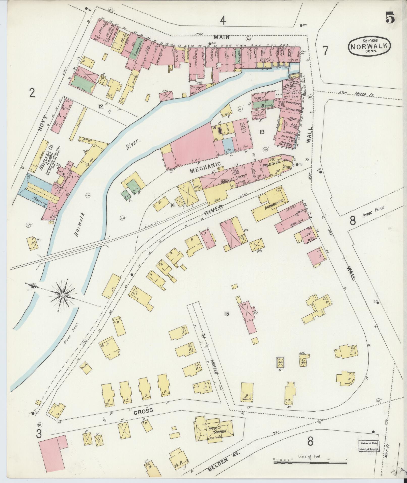 Sanborn Fire Insurance Map from Norwalk, Fairfield County, Connecticut (1896), Sheet #0005 - Historic Sanborn Fire Insurance Map Print, vintage old map wall art, antique decor, genealogy gift, Connecticut Connecticut map