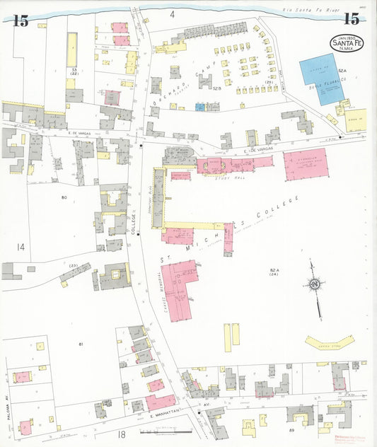 Sanborn Fire Insurance Map from Santa Fe, Santa Fe County, New Mexico (1930), Sheet #0015 - Historic Sanborn Fire Insurance Map Print, vintage old map wall art, antique decor, genealogy gift, New Mexico New Mexico map